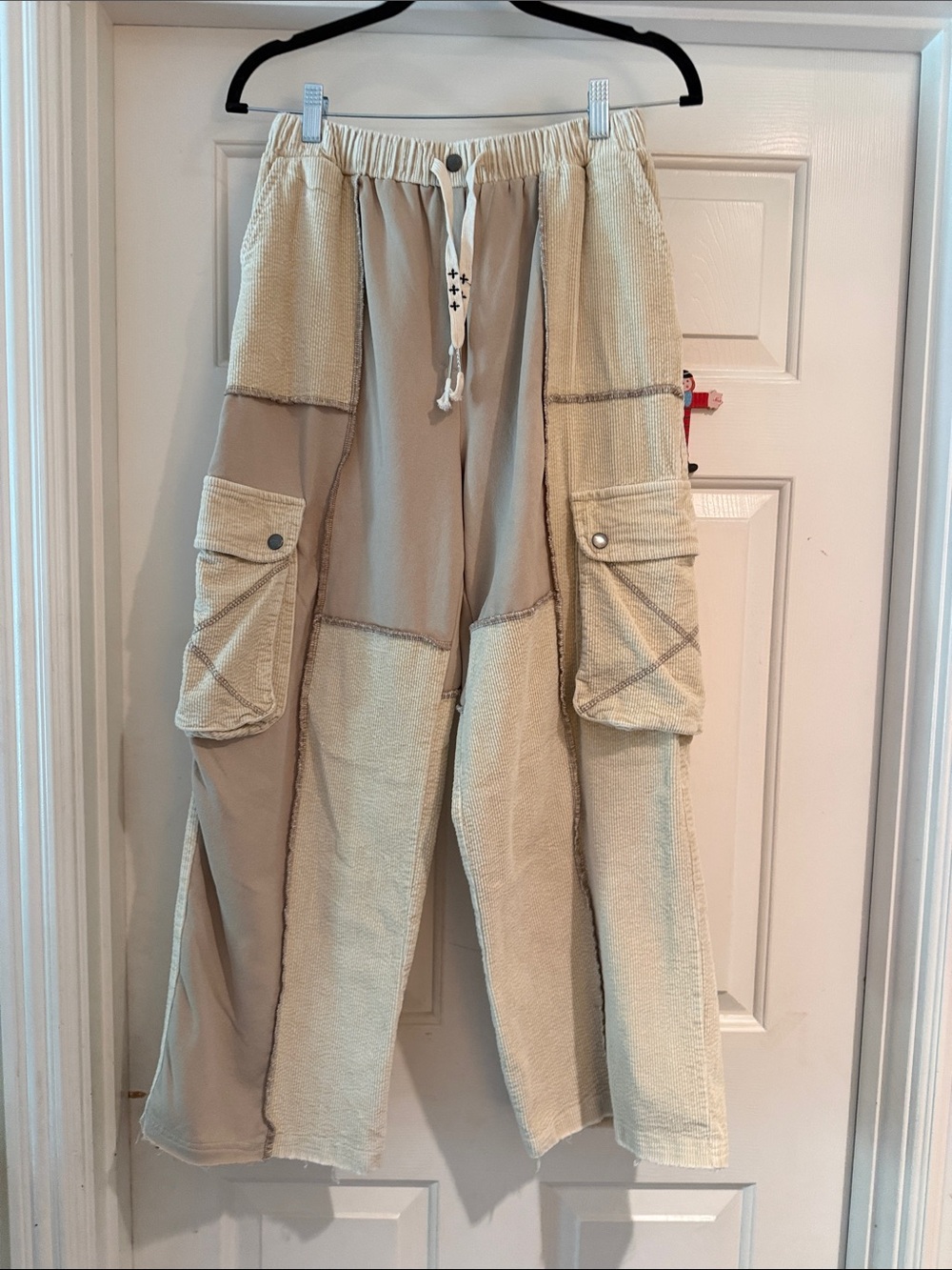 POL Women’s Beige Patchwork Cargo Pants - Drawstring Waist medium like new